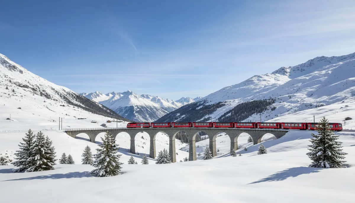 Un train rouge du Bernina Express traverse un paysage alpin enneigé, avec un viaduc et des sommets lointains sous un ciel bleu.