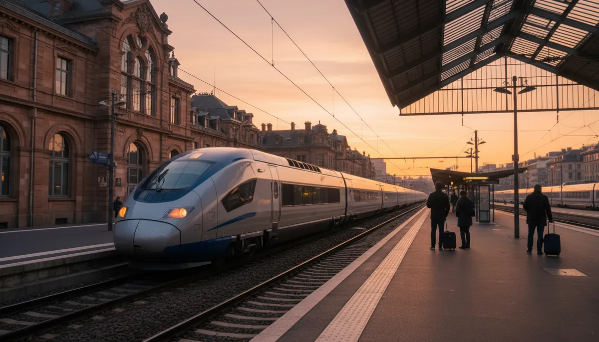 Un train moderne à grande vitesse s'apprête à entrer dans la gare de Strasbourg sous un ciel lumineux, avec des bâtiments historiques en arrière-plan.