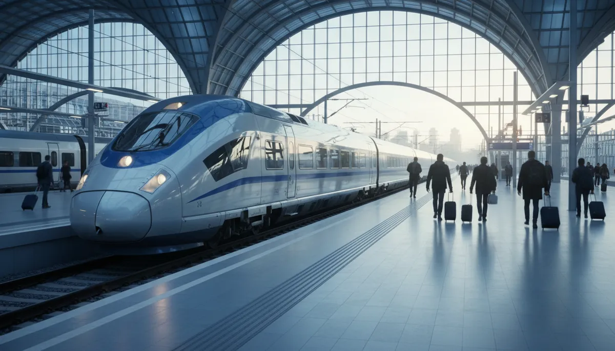 Un train à grande vitesse s'apprête à quitter une gare moderne, avec des passagers attendant sur le quai lumineux.