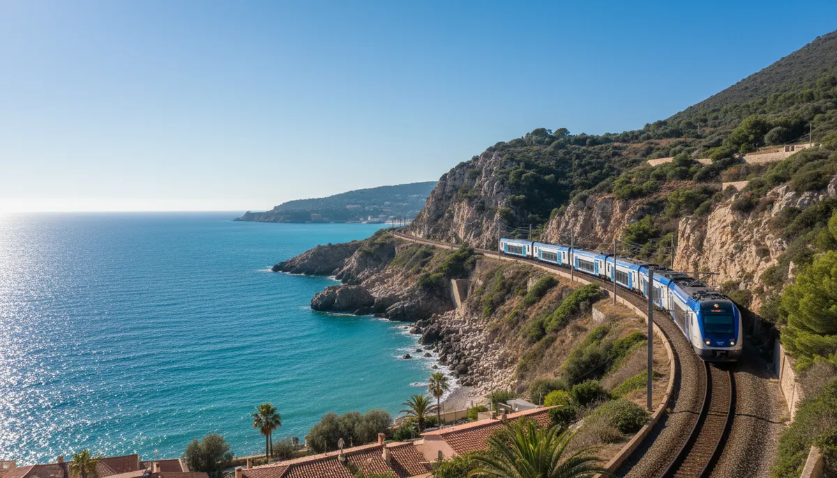 Un train TER bleu et blanc longe la Méditerranée sous un ciel clair, avec une vue imprenable sur la côte rocheuse.