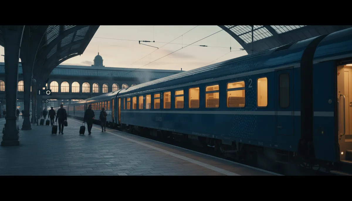 Un train de nuit aux voitures-lits modernes s'apprête à quitter un quai de gare, avec des passagers devant les portes.