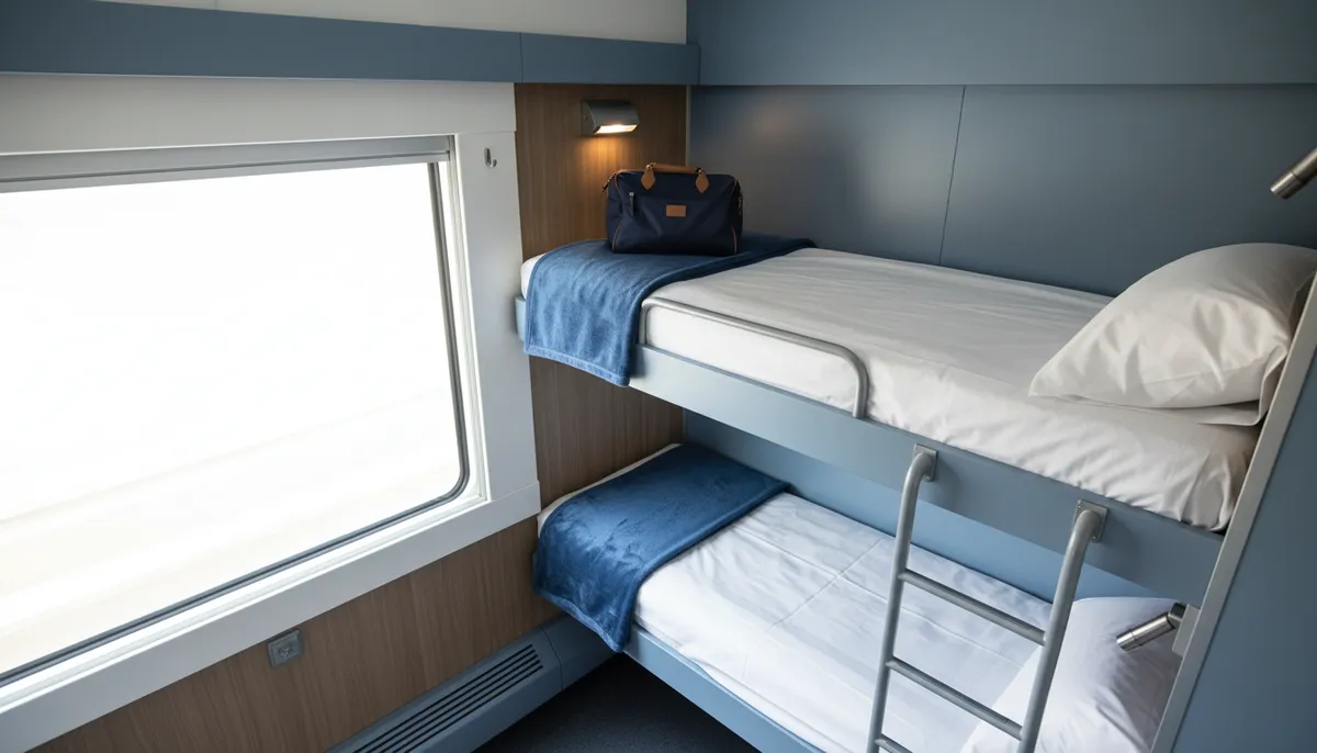 Un voyageur dépose son sac de nuit sur une couchette supérieure préparée, dans un compartiment de train de nuit européen.