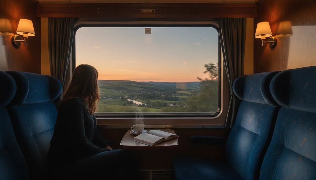 Une femme regarde par la fenêtre d'un compartiment de train de nuit, le ciel crépusculaire de la campagne défile.